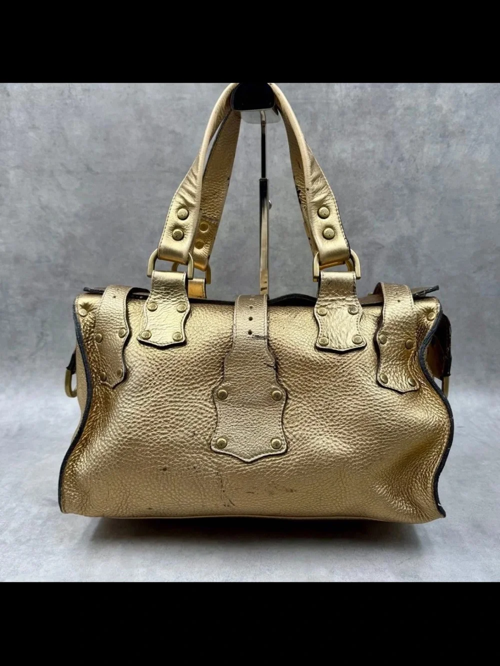Mulberry Metallic Gold Leather Satchel with Buckle Pockets